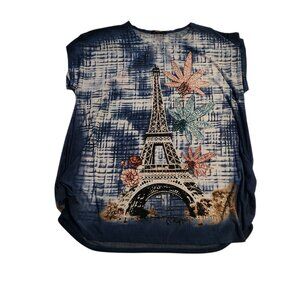 Paris Eiffel Tower Tunic Art Sequin Embellished Blue Sleeveless Womens Large